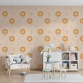 Cute lion wallpaper transforming children's bedroom with soft pastel animal illustrations
