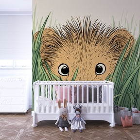 Little lion in tall grass mural wallpaper decorating modern children's bedroom interior