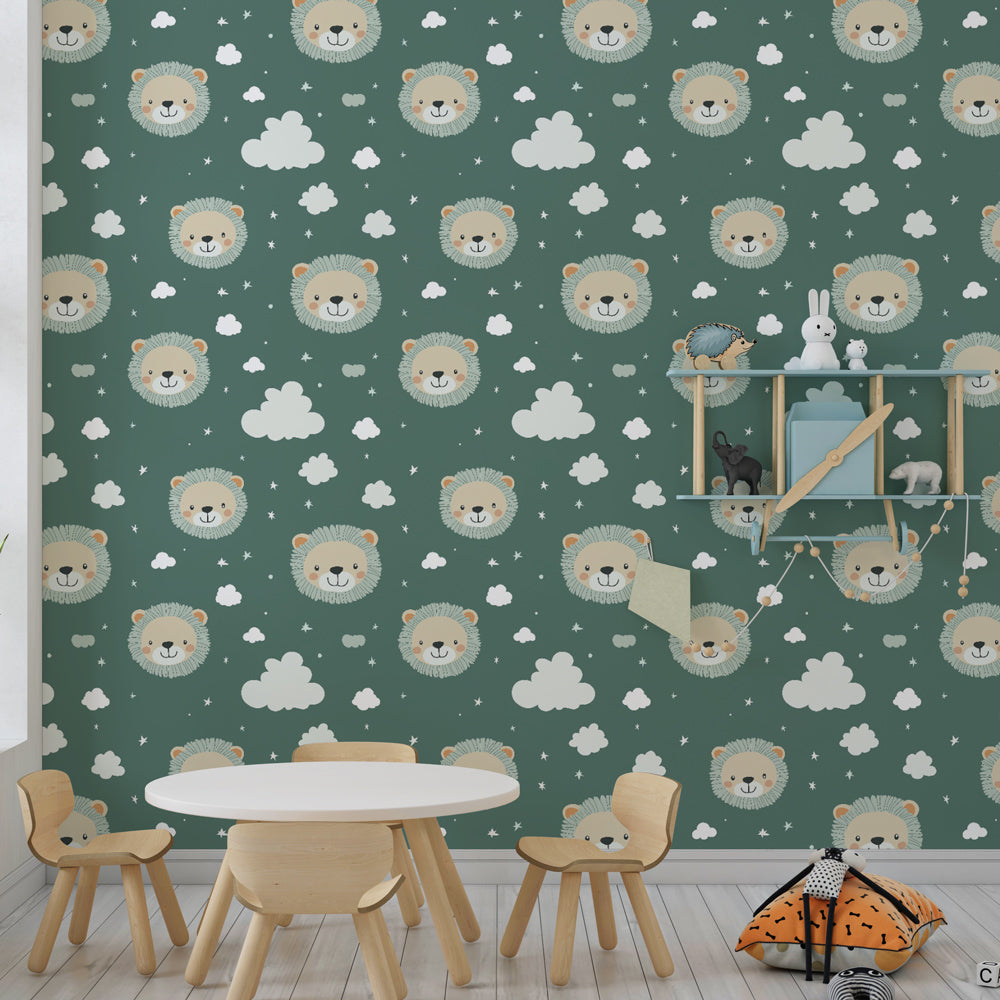Lion safari mural wallpaper in children's bedroom with natural wood furniture and soft lighting