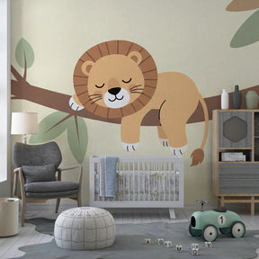 Gentle lion on branch mural wallpaper for toddler room by Kids-Mundo