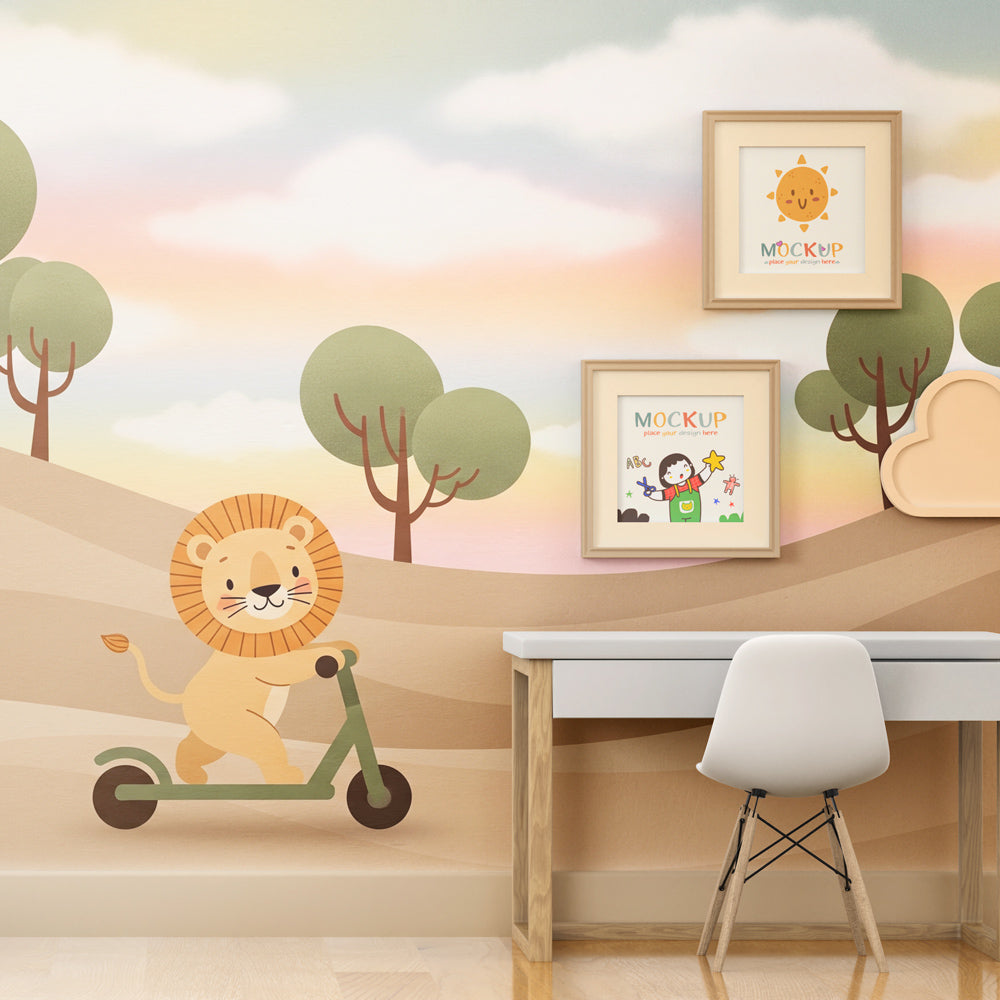 Playful lion adventure wallpaper creating cheerful nursery atmosphere with beige green tones