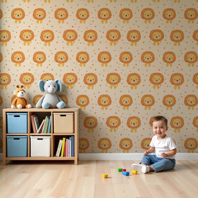 Smiling lion mural wallpaper decorating cozy nursery with pastel safari theme by Kids-Mundo