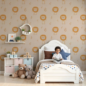 Lion mural wallpaper creating peaceful nursery decor with pastel safari animals by Kids-Mundo