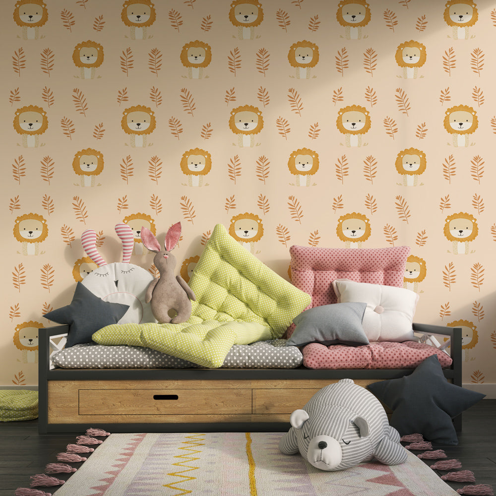 Adorable lion mural wallpaper transforming children's playroom with warm beige safari theme