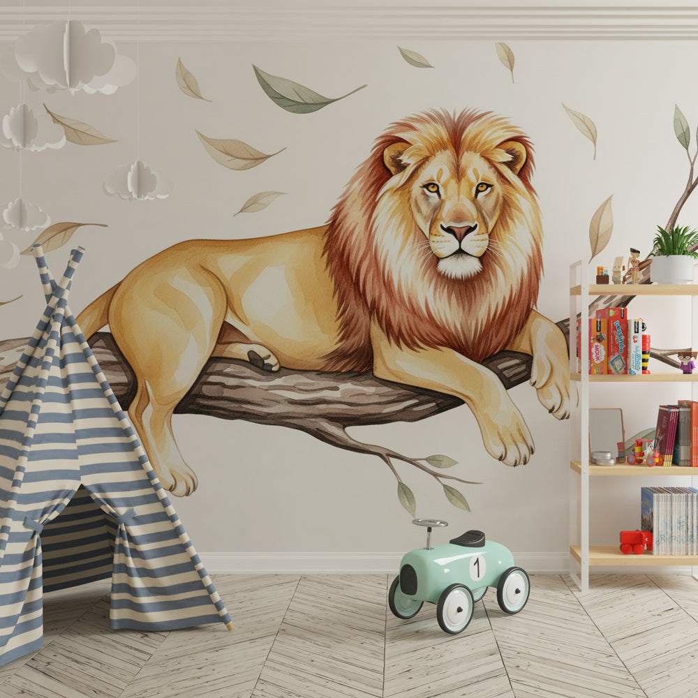 Wildlife lion mural wallpaper with natural beige tones creating calming playroom environment for kids