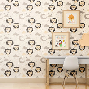 Celestial lion themed mural wallpaper in bright kids playroom by Kids-Mundo