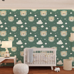 Animal theme mural wallpaper with friendly lion faces creating playful kids room atmosphere