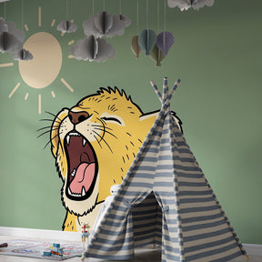 Safari lion mural wallpaper adding wildlife theme to colorful children's playroom