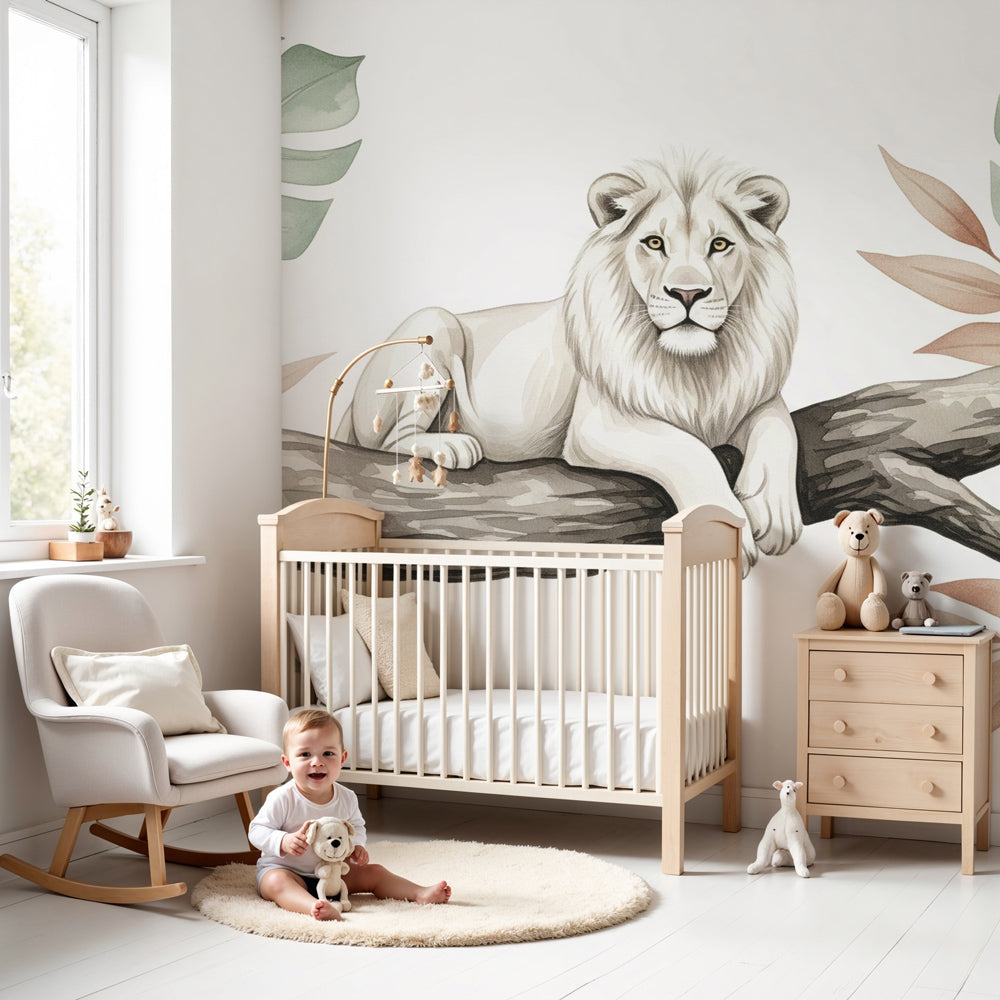 White lion safari mural wallpaper in elegant nursery setting by Kids-Mundo