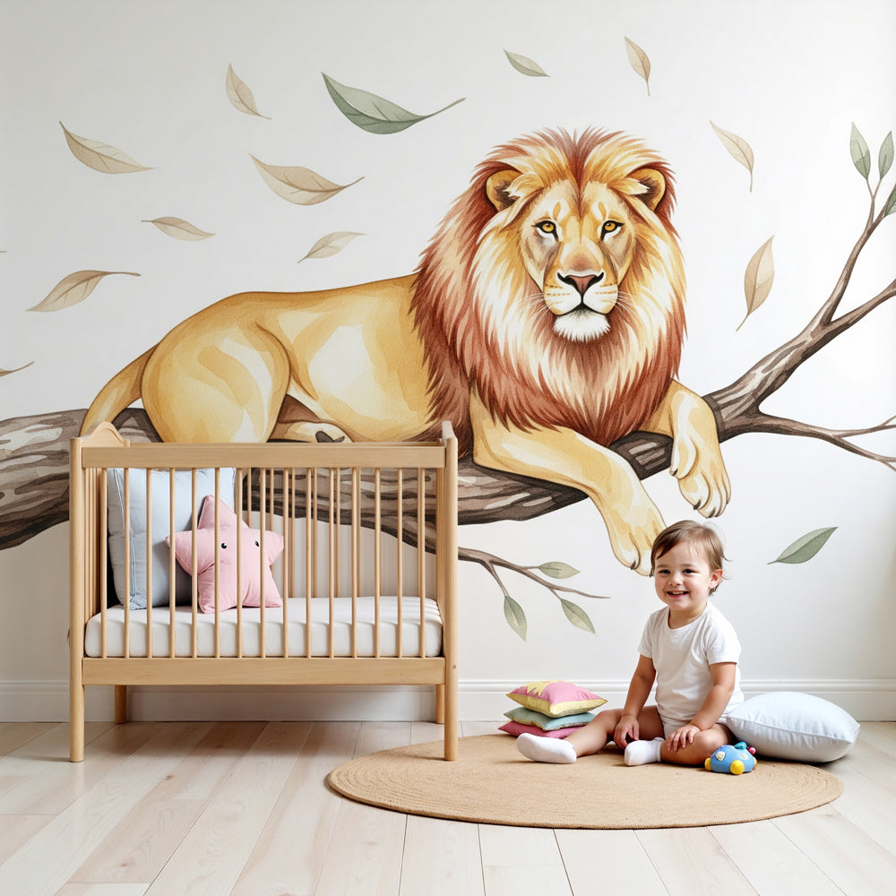 Majestic lion safari mural wallpaper creating wild kingdom atmosphere in modern kids nursery by Kids-Mundo