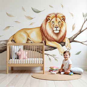 Majestic lion safari mural wallpaper creating wild kingdom atmosphere in modern kids nursery by Kids-Mundo