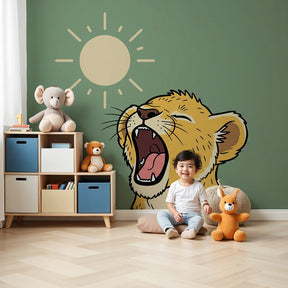 Lion cub mural wallpaper creating safari adventure theme in modern nursery room by Kids-Mundo