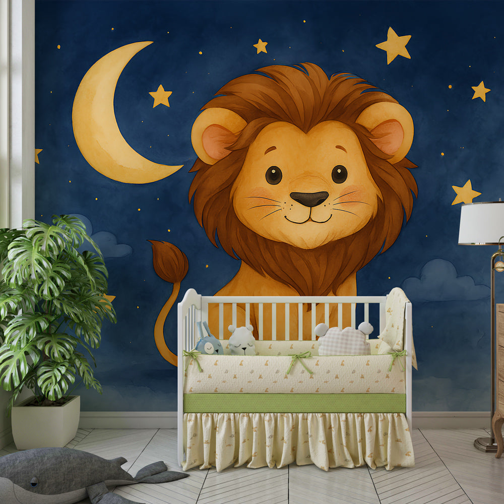 Safari lion mural wallpaper with moon and stars for kids room by Kids-Mundo