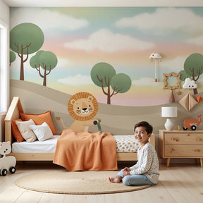 Lion scooter mural wallpaper in modern kids bedroom with soft pastel colors by Kids-Mundo
