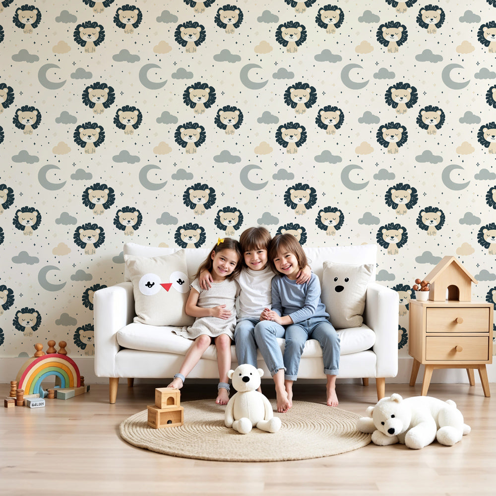 Lion mural wallpaper with starry sky in cozy nursery setting by Kids-Mundo