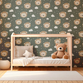 Green lion mural wallpaper with clouds and stars in cozy toddler bedroom setting