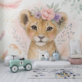 Pastel lion children's wallpaper creating serene toddler room atmosphere