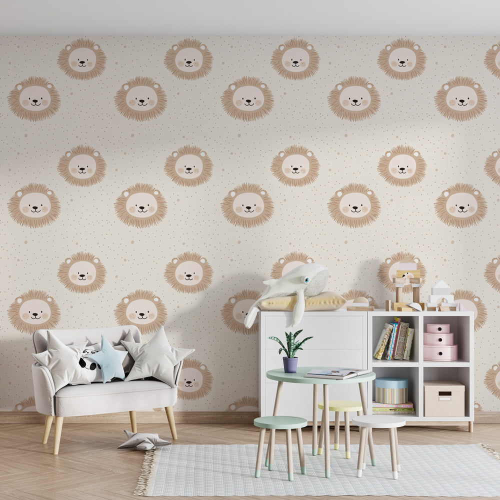 Animal themed lion wallpaper transforming toddler room into gentle safari adventure space