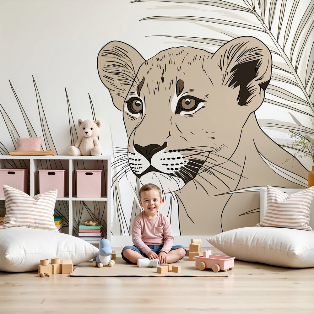 Lion safari mural wallpaper in modern nursery with natural wood crib by Kids-Mundo