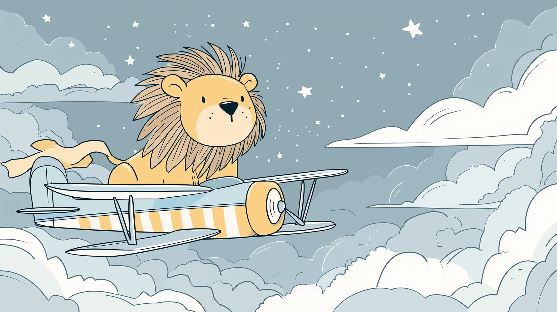 Detailed lion airplane cloud adventure mural wallpaper design pattern by Kids-Mundo