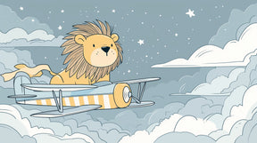 Detailed lion airplane cloud adventure mural wallpaper design pattern by Kids-Mundo