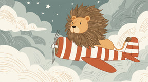 Detailed lion pilot mural wallpaper design pattern showing dreamy sky adventure theme by Kids-Mundo