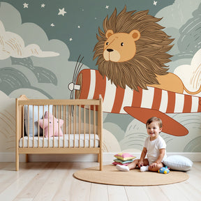 Lion pilot mural wallpaper creating dreamy aviation-themed nursery decor by Kids-Mundo