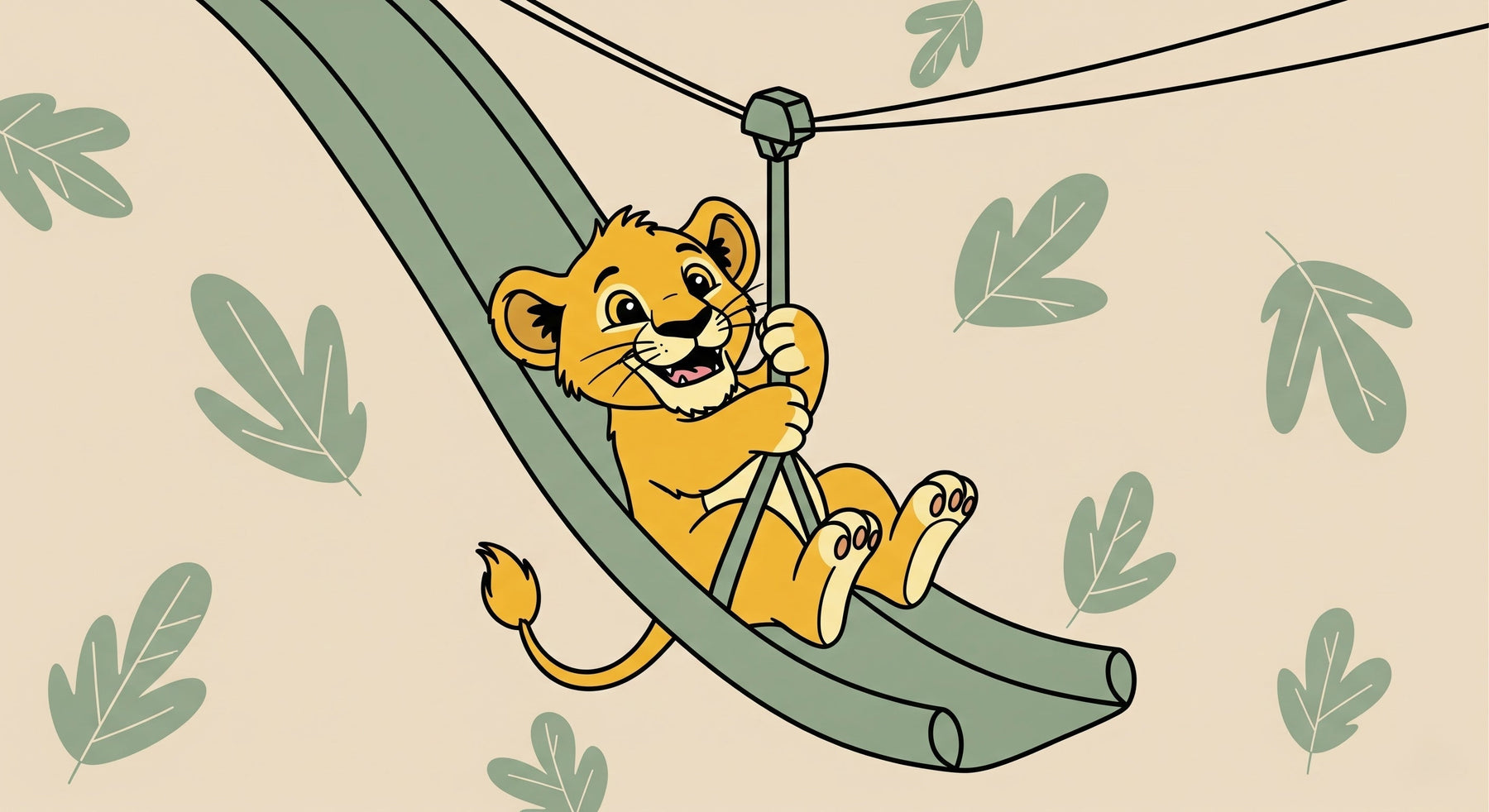 Detailed lion cub playground mural wallpaper design pattern with foliage background by Kids-Mundo