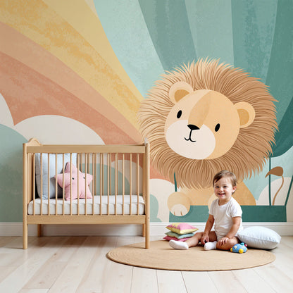 Kids-Mundo lion cub portrait wall mural with rainbow balloon backdrop in a soft nursery