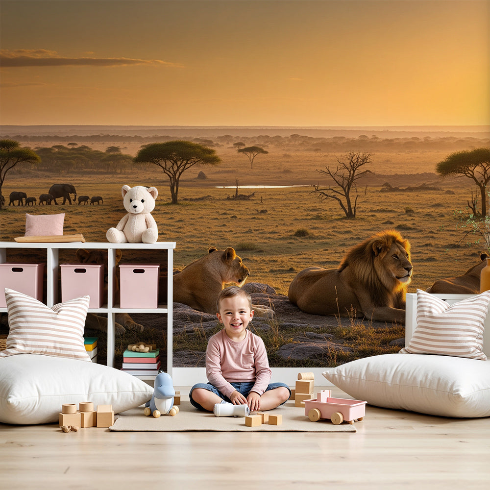 Kids-Mundo lion pride sunset savanna wall mural made to measure for a nursery