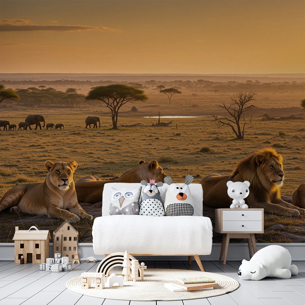 Kids-Mundo lion and elephant mural bringing a golden savanna sunset to a playroom