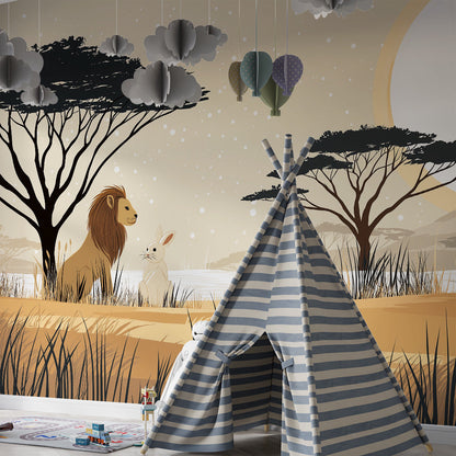 Kids-Mundo savanna sunset mural with lion and rabbit on a child's bedroom feature wall
