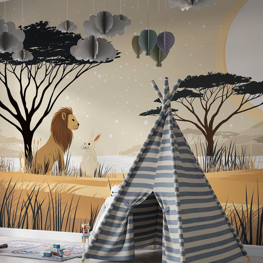Kids-Mundo savanna sunset mural with lion and rabbit on a child's bedroom feature wall