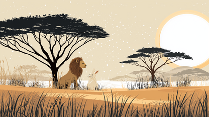 Kids-Mundo flat artwork preview of the lion and rabbit savanna sunset wall mural design