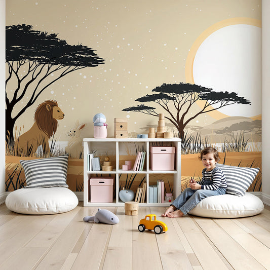 Kids-Mundo lion and rabbit savanna wall mural glowing warmly in a calm nursery