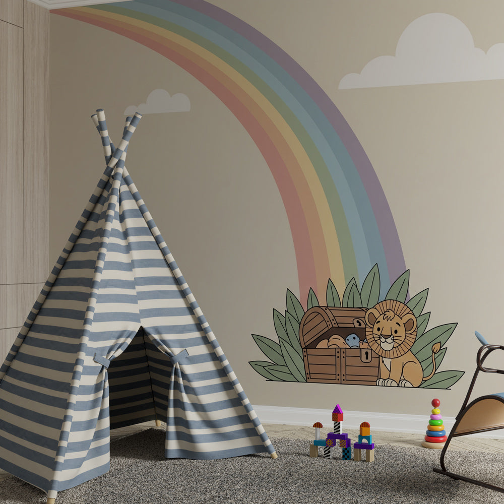 Adventure lion mural wallpaper creating magical atmosphere in children's bedroom with rainbow colors