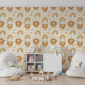 Safari animal mural wallpaper with friendly lions and rainbows for modern children's bedroom