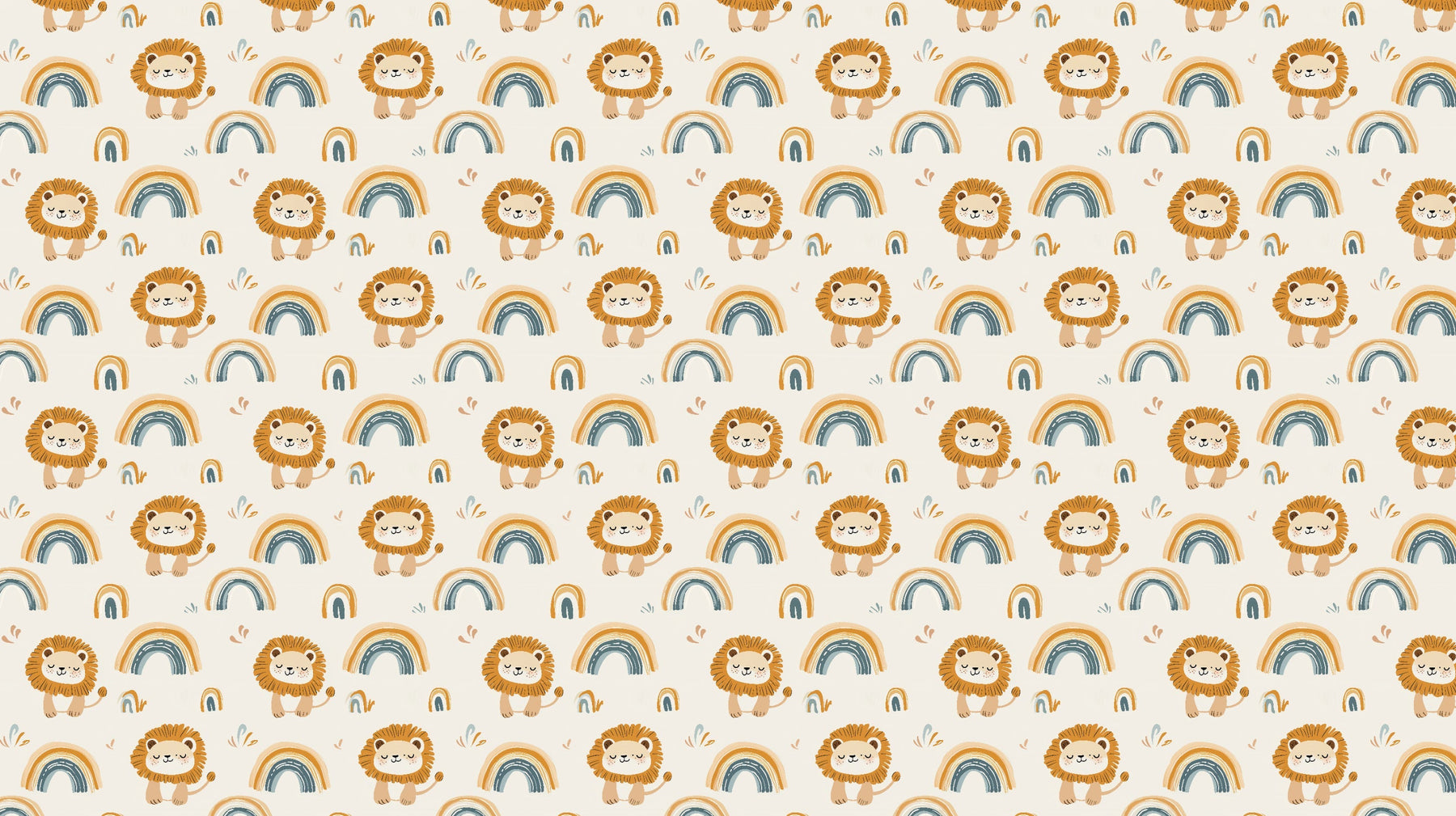 Detailed lion rainbow mural wallpaper design pattern with safari animals on beige by Kids-Mundo