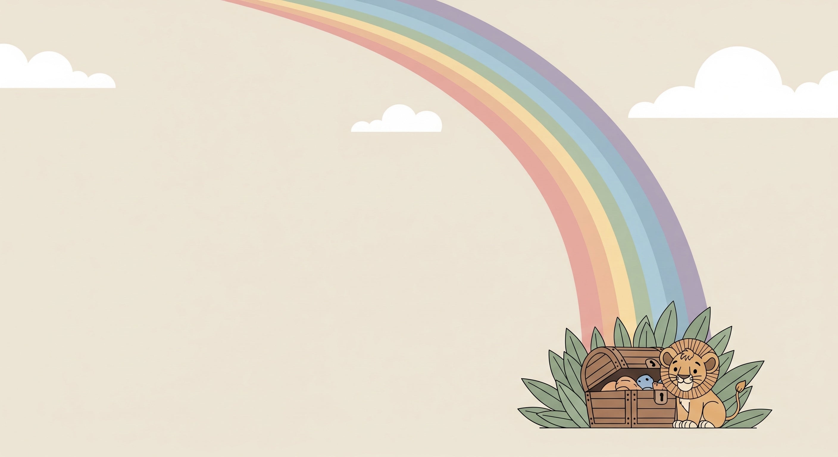 Detailed lion rainbow treasure mural wallpaper design pattern showing friendly lion and treasure chest by Kids-Mundo