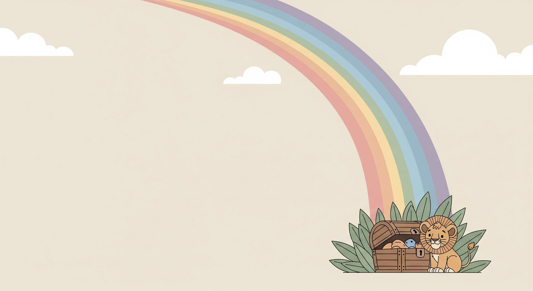 Detailed lion rainbow treasure mural wallpaper design pattern showing friendly lion and treasure chest by Kids-Mundo