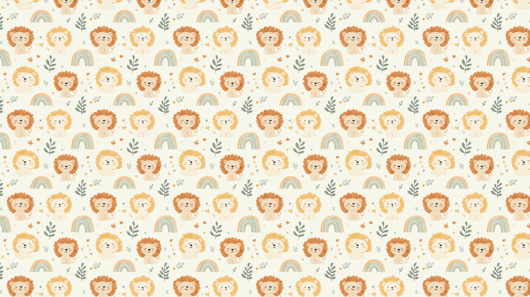 Detailed lion and rainbow mural wallpaper design pattern with beige background by Kids-Mundo