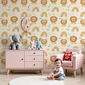 Lion rainbow mural wallpaper creating cheerful nursery decor with smiling safari animals by Kids-Mundo