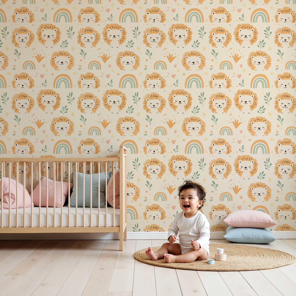 Lion rainbow mural wallpaper creating magical safari nursery with cute animals by Kids-Mundo