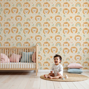 Lion rainbow mural wallpaper creating magical safari nursery with cute animals by Kids-Mundo