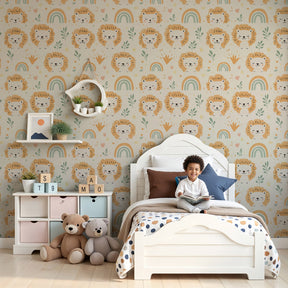 Lion rainbow mural wallpaper creating magical safari nursery decor with friendly animals by Kids-Mundo