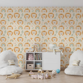 Colorful lion rainbow wallpaper transforming children's playroom into safari adventure space