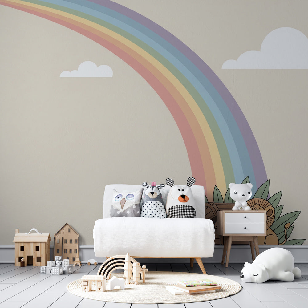 Treasure chest lion wallpaper decorating bright kids playroom with pastel rainbow design by Kids-Mundo