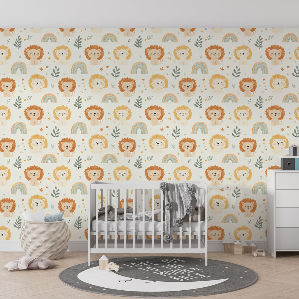 Safari lion mural wallpaper with rainbow motifs in bright kids playroom setting