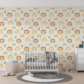 Safari lion mural wallpaper with rainbow motifs in bright kids playroom setting