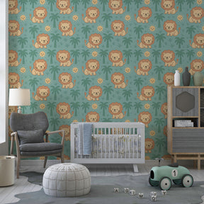 Tropical lion wallpaper creating playful atmosphere in children's bedroom with natural decor